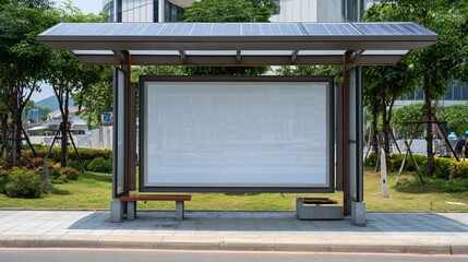Community notice board under small solar roof, airy left margin