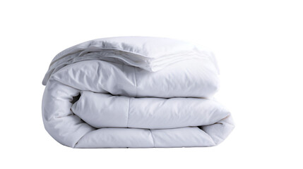 A neatly folded white duvet and pillow set against a stark black background in a studio setting