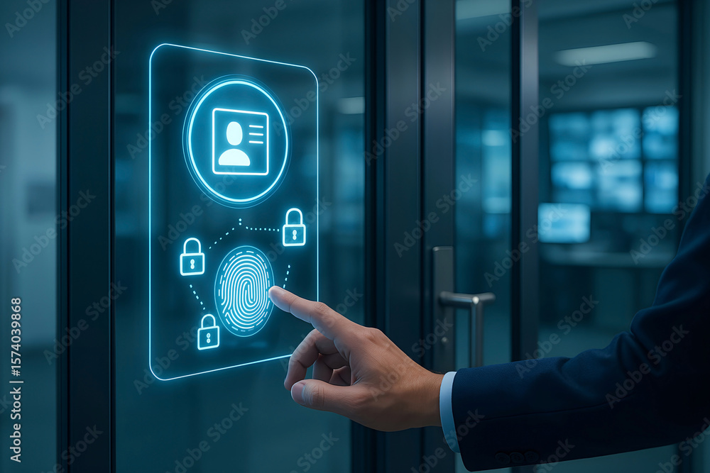 Poster a business person using fingerprint identification for access modern security technology concept sma