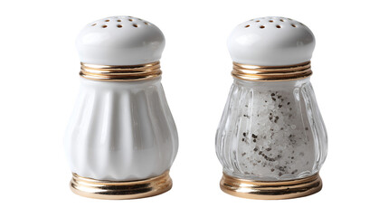 A pair of salt and pepper shakers with gold accents on a black background in a studio shot