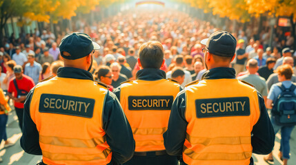 Security Detail at Public Event, Three security personnel in yellow vests stand in formation, facing a large crowd of people at a public gathering. The guards provide a visible presence.
