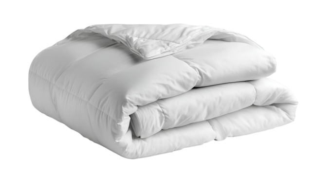 A neatly folded white down comforter on a black background providing a clean and minimalist aesthetic
