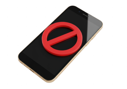 A red prohibition symbol on a smartphone screen isolated on transparent background