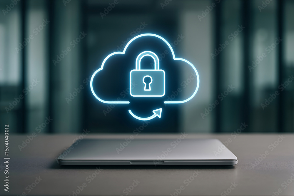 Aufkleber cloud computing security concept depicted by glowing neon cloud and lock icon above a laptop compute