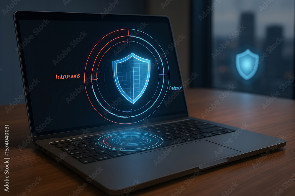 Poster conceptual cyber security and data protection depicted on a laptop screen with illuminated shield sy