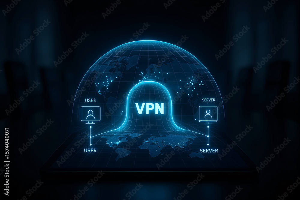 Poster conceptual digital illustration depicting secure virtual private network connectivity and global dat