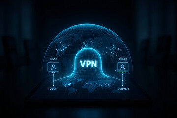 Conceptual digital illustration depicting secure virtual private network connectivity and global data protection for enhanced online privacy