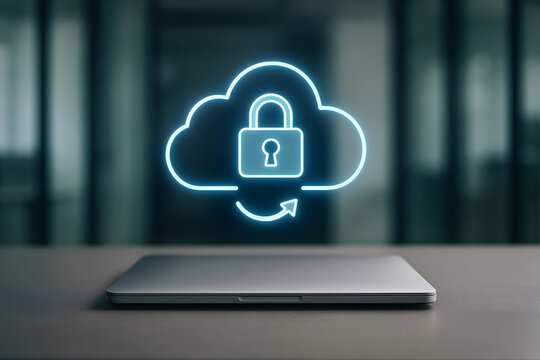 Cloud computing security concept depicted by glowing neon cloud and lock icon above a laptop computer on a gray surface