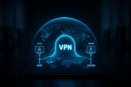Conceptual digital illustration depicting secure virtual private network connectivity and global data protection for enhanced online privacy