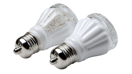 A close up view of a salt shaker and a pepper shaker on a black background in a studio shot