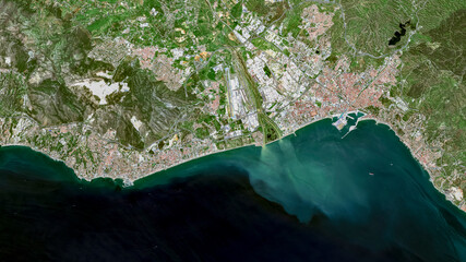 Satellite view of Malaga coastline and urban area, Spain, July 2025, High-resolution satellite image of Malaga’s coastal city and surrounding urban area captured in July 2025