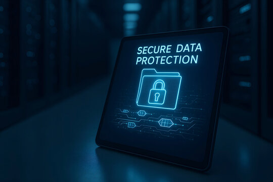 Conceptual image of a tablet displaying secure data protection and a digital padlock in a server room setting symbolizing cybersecurity measures - Powered by Adobe