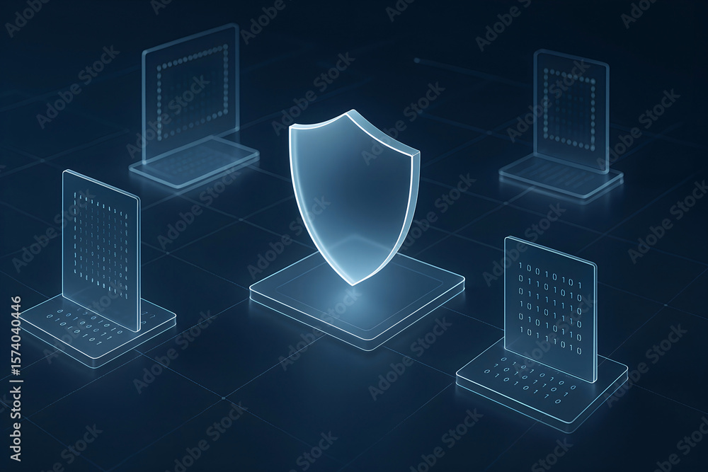 Aufkleber cyber security concept digital data protection shield and connected devices illustrating online safe