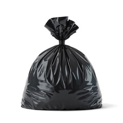  Black Garbage Bag Tied at Top on White Background – Glossy Plastic Waste Bag Product Photo

