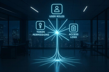 Cyber security conceptual illustration displaying user roles token permissions and access logs depicted in a futuristic and high tech office environment