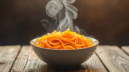 Warm Noodle Bowl with Rising Steam, A close-up shot of a bowl of vibrant orange noodles, freshly cooked and emitting wisps of steam. The bowl sits on a rustic wooden table.