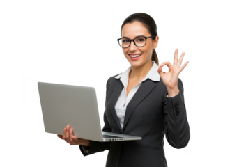 Smiling businesswoman holding a laptop, giving an okay sign isolated on transparent background