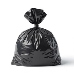 close up of a plastic bag for trash waste on white background,Black Garbage Bag Tied at Top on White Background – Glossy Plastic Waste Bag Product Photo

