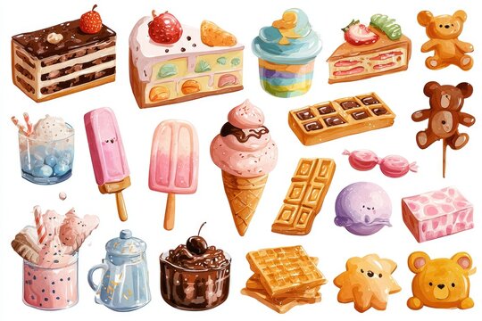 Colorful collection of cute, whimsical desserts and treats