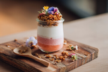 Delicious layered parfait with granola and colorful edible flowers on a wooden board.