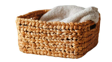 A woven basket with a white towel inside showing texture and craftsmanship in a studio setting