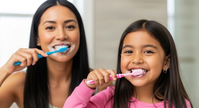 A mother and daughter are brushing their teeth together in the bathroom