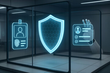 Digital security and access control concept featuring id badge fingerprint recognition and secure robotic access