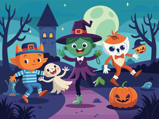 Retro Halloween Poster with Cute Walking Monsters