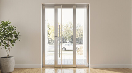 Fototapeta premium Modern interior with large glass doors.
