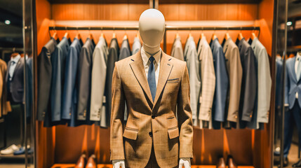 Mannequin Display - Brown Suit and Jacket Selection, A mannequin showcases a brown suit and tie in a retail clothing store setting. The mannequin is centrally positioned.