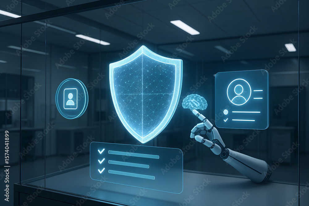 Poster futuristic conceptual image of ai human interaction with data protection symbols and cyber security 