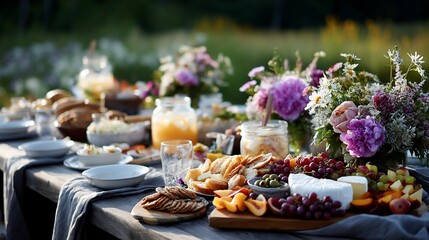Fototapeta premium Rustic outdoor feast with cheese, fruit, bread, and flowers
