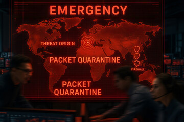 Emergency control room with illuminated world map displaying data security threat response and personnel