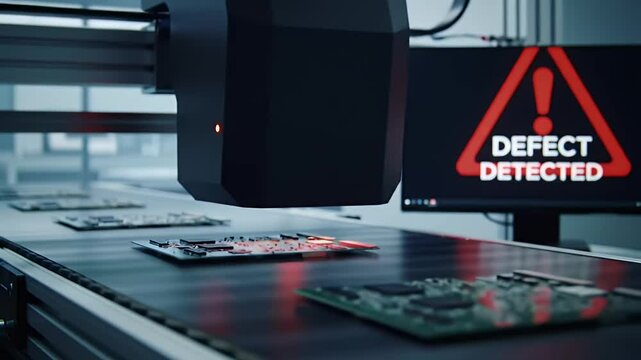 Automated Inspection System Detecting Defects On Circuit Boards In Modern Factory Setting With Conveyor Belt And