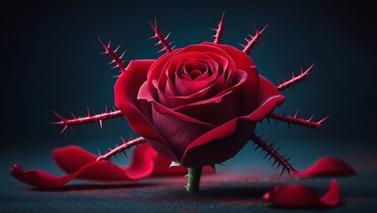 Dark Moody Red Rose with Thorns; Dramatic, Gothic, Romantic Stock Photo
