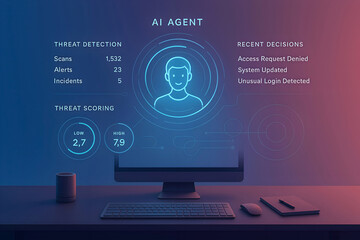 Futuristic illustration of an ai agent monitoring and assessing cyber security threats and recent actions on a computer display