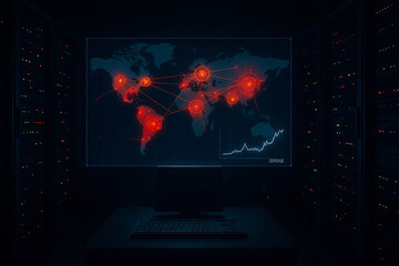 Global cybersecurity threat analysis displayed on screen with server racks in a darkened data center environment network security and data protection concept