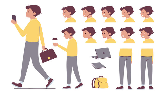 Casual Businessman Character Constructor &ndash; Front, Side, Back Views with Poses, Postures, and Body Parts for Animation (AI Generated)