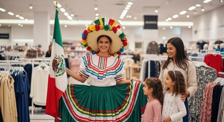 Woman in traditional Mexican dress with flag and family in store