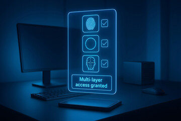Multi-layer biometric authentication grants access displayed on a smartphone and modern workstation desktop setup, futuristic technology concept