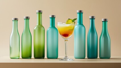 Sophisticated Summer Cocktail with Teal and Green Glass Bottles, Minimalist Style