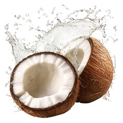 Tropical coconuts splashing clear water liquid halves