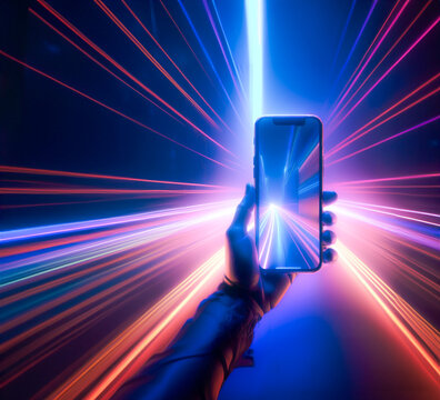 Hand h&auml;lt Smartphone hoch in buntem Hyperraum
