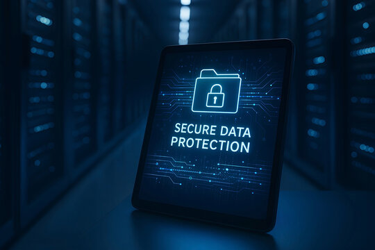Secure data protection concept displayed on tablet in server room emphasizing cybersecurity and information safety in digital world