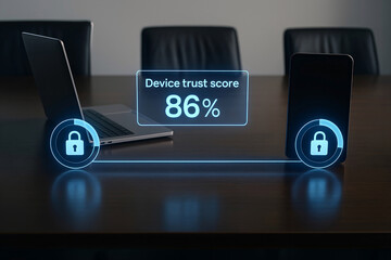 Secure device trust score depicted by laptop and smartphone cyber security concept with digital lock icons and score display