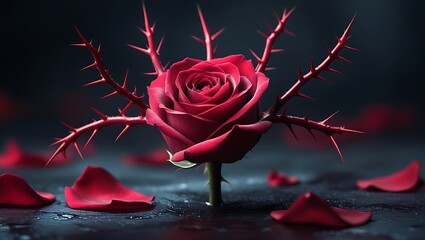 Dark Moody Red Rose with Thorns; Dramatic, Gothic Floral Stock Photo