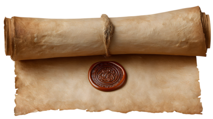 Ancient scroll with wax seal, isolated on transparent background
