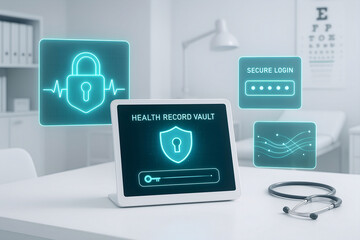 Secure healthcare data concept depicting medical records protection and patient information privacy in a digital environment