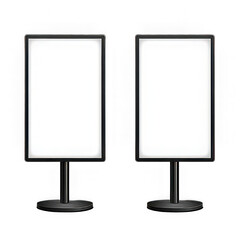 Two blank white display stands with black frames and bases