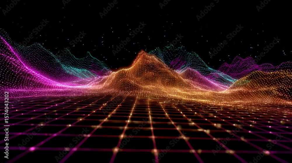 Poster d line graph in vibrant colors on a grid, showing data points connected in a wave pattern, high-tech